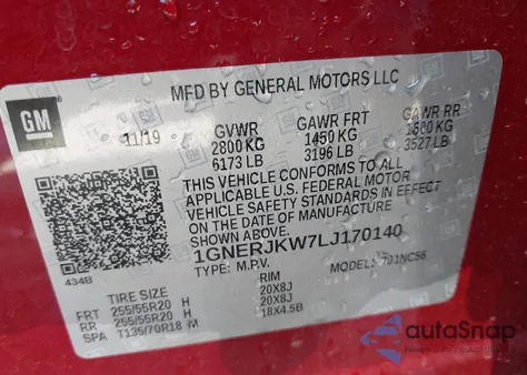 2020 Chevrolet Traverse Fwd Rs from USA, damaged, VIN 1GNERJKW7LJ170140